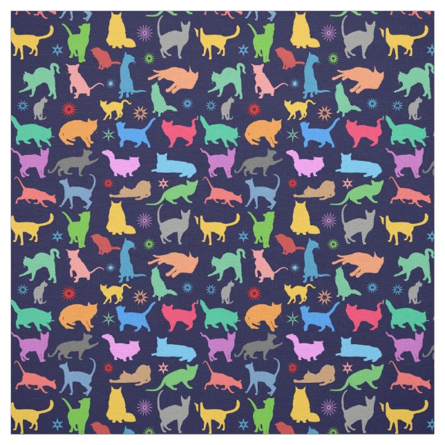 Muster farbenfroher Katzen. Navy Blue Background Stoff (Muster)