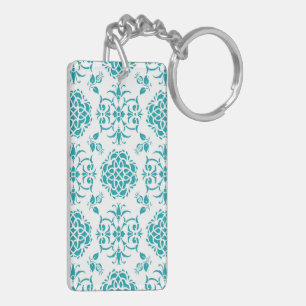 Muster für Aqua und White Floral Damask Schlüsselanhänger