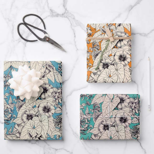 Muster für Aquamarine, blaue, grafische Blume Geschenkpapier Set (Vorderseite)