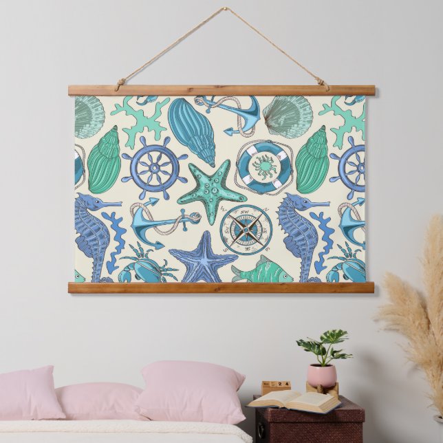 Muster für aquamarine Meerestiere Wandteppich Mit Holzrahmen (Schlafzimmer)