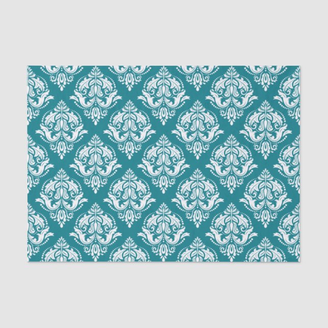 Muster für aquamarine und weiße Vintage Damaskus Seidenpapier (Vorderseite)