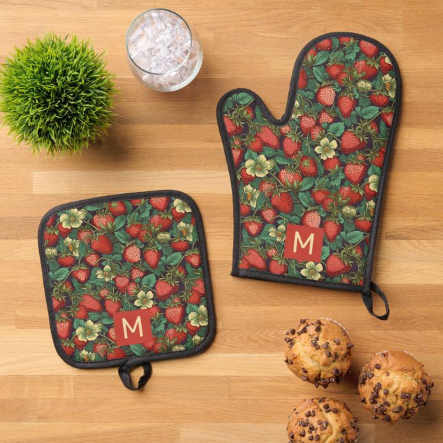 Muster für benutzerdefinierte Monogramm-Erdbeeren Ofenhandschuh & Topflappen-Set (Oben Unten)