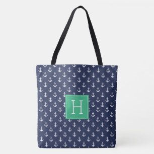 Muster für blaue Anker und grüne Monogramme Tasche