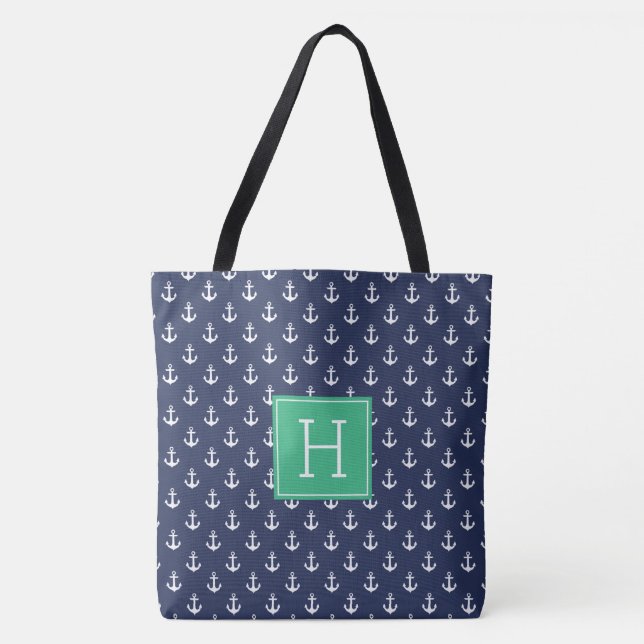 Muster für blaue Anker und grüne Monogramme Tasche (Vorderseite)