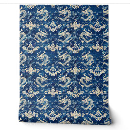 Muster für blaue Flora und chinesische Drachen Tapete