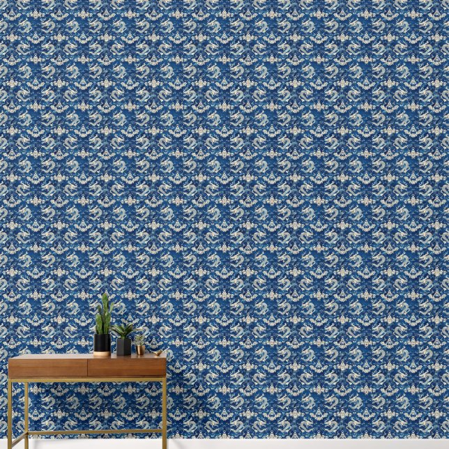 Muster für blaue Flora und chinesische Drachen Tapete (Korridor)