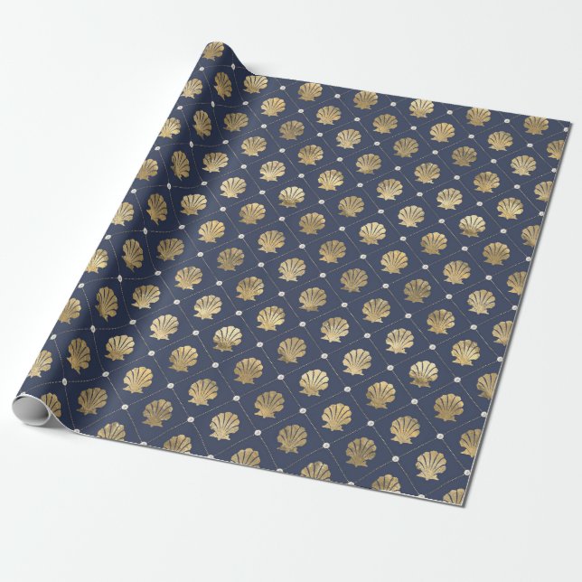 Muster für blaue und goldene Muschel Geschenkpapier (Ungerollt)