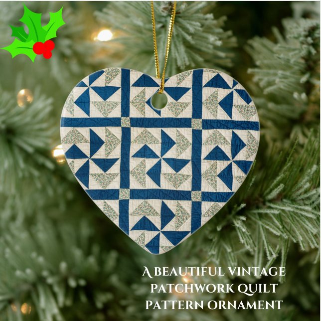 Muster für blaues und weißes Pinwheel Keramik Ornament (Add rustic charm + warmth to your tree with this vintage patchwork quilt pattern ornament!)