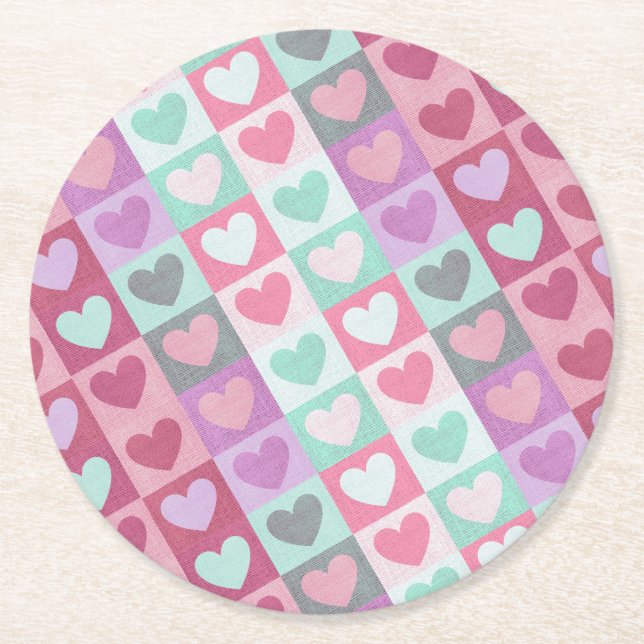 Muster für Boxed Herzen Aqua/Pink ID629 Runder Pappuntersetzer (Vorderseite)