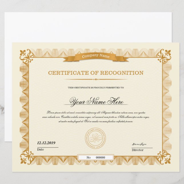 Muster für die goldene Bewertungsbescheinigung (Vorne/Hinten)