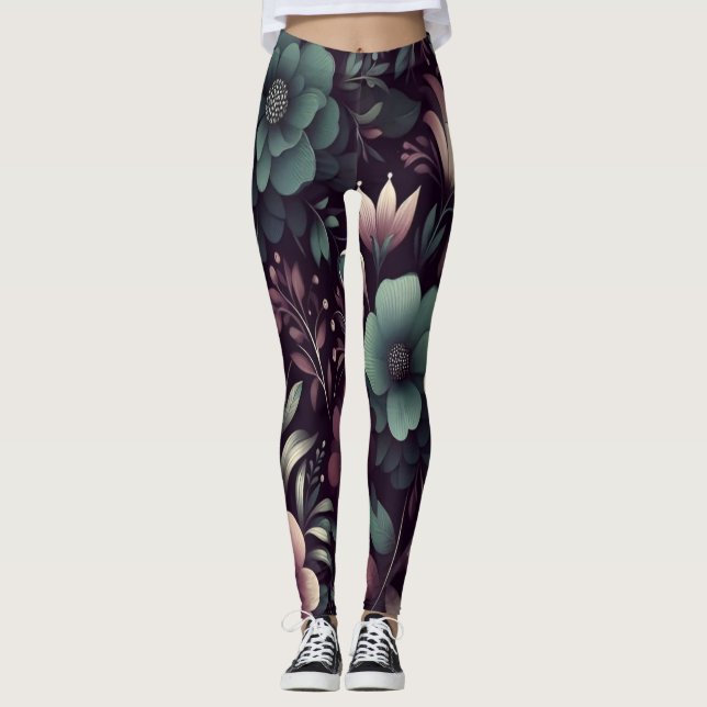 Muster für dunkle Lila und grüne Blume Leggings (Vorderseite)