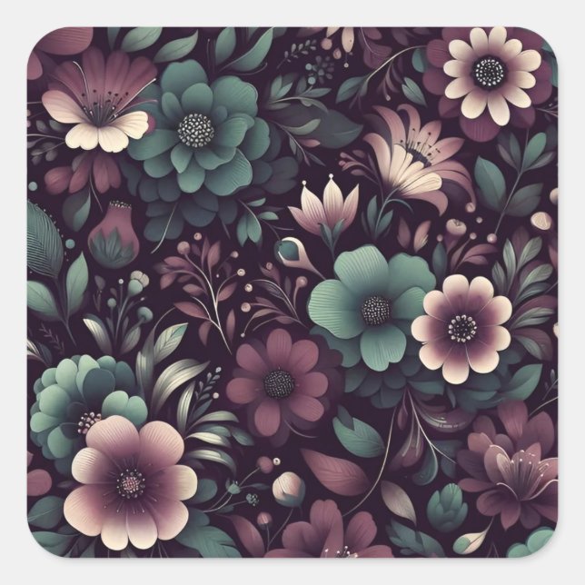Muster für dunkle Lila und grüne Blume Quadratischer Aufkleber (Vorderseite)