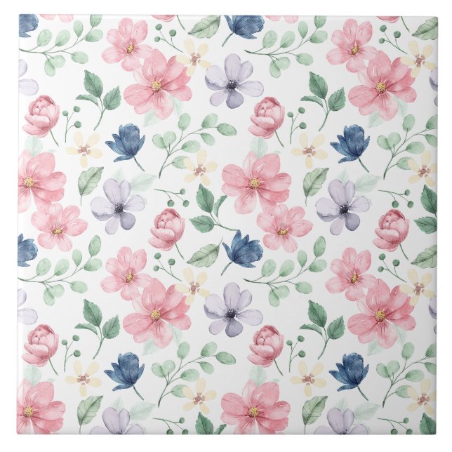 Muster für Frühlingsblumen und Blätter Fliese (Vorderseite)