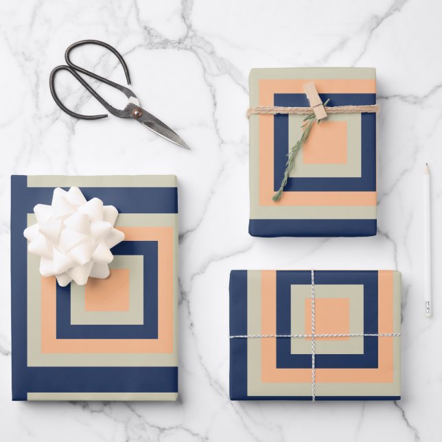 Muster für geometrische Quadrate in Blau-Grau Geschenkpapier Set (Vorderseite)