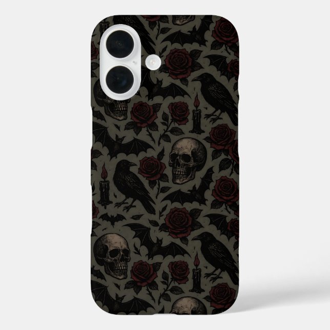 Muster für Gothic Skulls, Crows & Rose iPhone 16 Hülle (Rückseite)