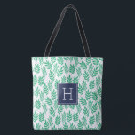 Muster für grüne Blätter und blaue Monogramme Tasche<br><div class="desc">Stilvolle und schicke Streifen und Monogramm-Design in trendigen und modischen Farben.</div>