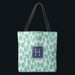 Muster für grüne Blätter und blaue Monogramme Tasche<br><div class="desc">Stilvolle und schicke Streifen und Monogramm-Design in trendigen und modischen Farben.</div>