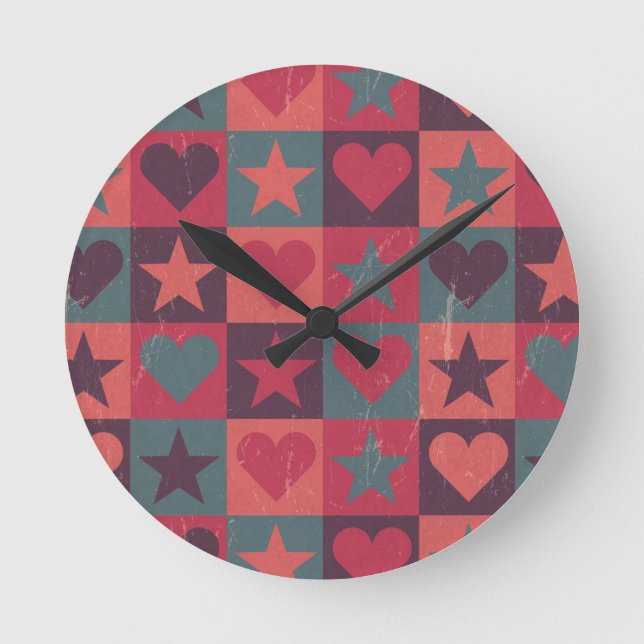 Muster für Herz und Sterne rosa Runde Wanduhr (Vorderseite)