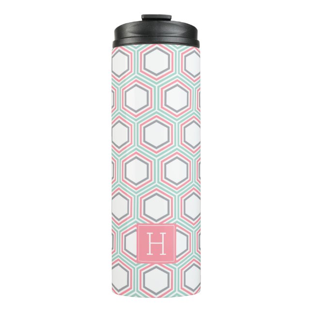 Muster für Minze und Korallen und Monogramm Thermosbecher (Vorderseite)