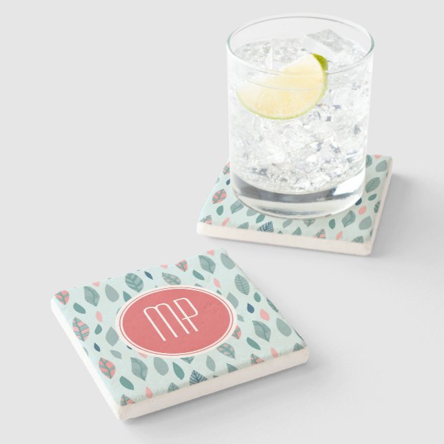 Muster für Monogram Girly Whimsical Blätter Steinuntersetzer (Seitenansicht)