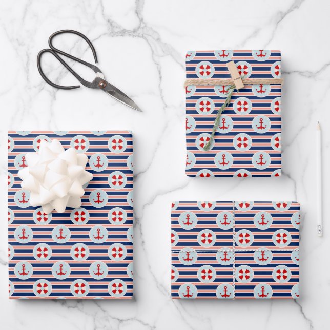 Muster für Nautische Streifen und Punkte Geschenkpapier Set (Vorderseite)