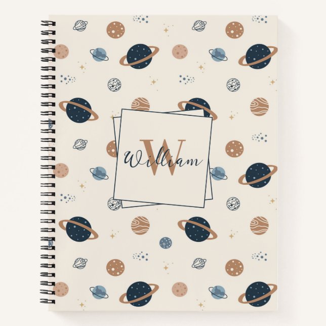 Muster für Navy Blue Space Planets Notizbuch (Vorderseite)