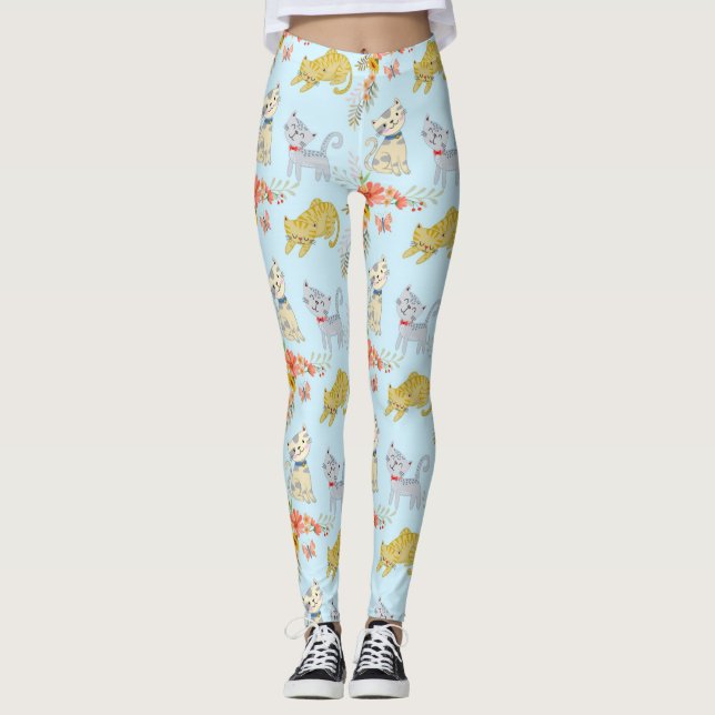 Muster für niedliche Cartoon-Katze und Blume Leggings (Vorderseite)