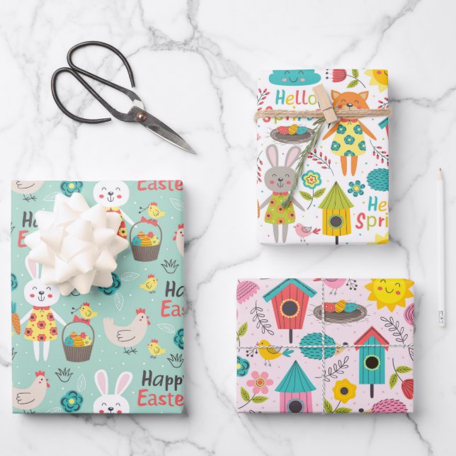 Muster für niedliche Frühlings-/OsterCartoon Geschenkpapier Set (Vorderseite)