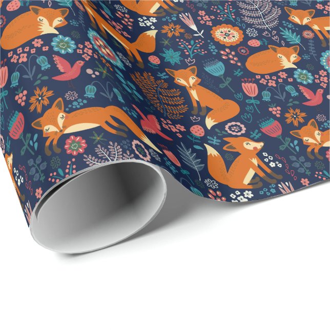 Muster für niedliche Füchse Vögel und Blume Geschenkpapier (Rolleneckpunkt)