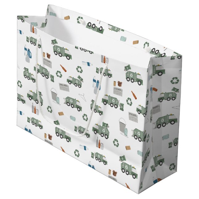 Muster für niedliche, grüne Recycelnd Lkw-Kinder Große Geschenktüte (Vorderseite Schrägansicht)