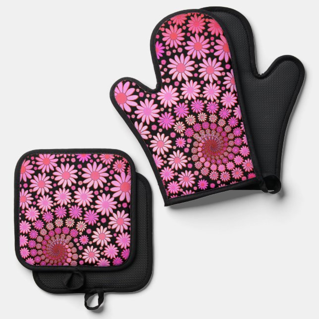 Muster für niedliche rosa Blume Ofenhandschuh & Topflappen-Set (Vorderseite/Rückseite)