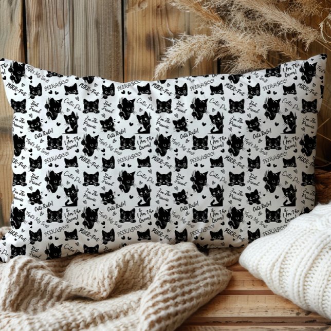 Muster für niedliche Schwarze Katzen und Redewendu Kissenbezug (Cute Black Cats and Sayings with Hearts Pattern  for Cat Lovers and Halloween Pillowcase)