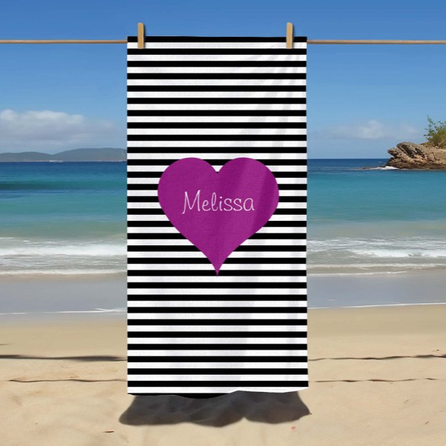 Muster für niedliche schwarze und weiße Streifen Strandtuch (LOVE Pink Heart Black & White Stripes Pattern Name Beach Towel)