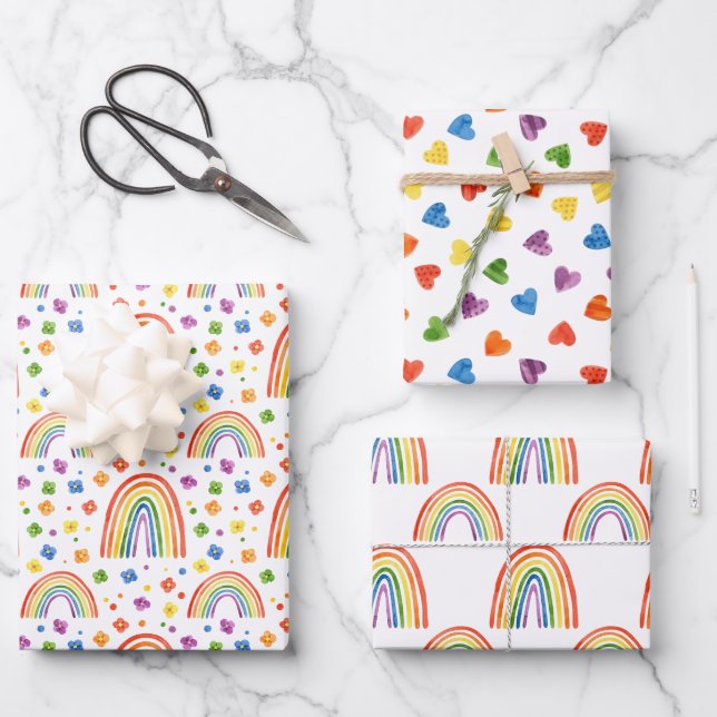 Muster für Regenbogen-Herzen und Blume Geschenkpapier Set (Vorderseite)