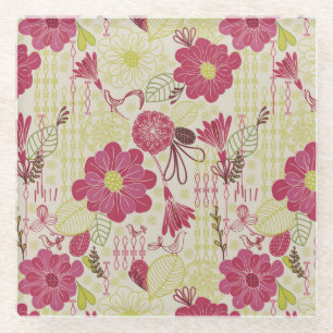 Muster für Retro-Flora und -Vögel Glasuntersetzer