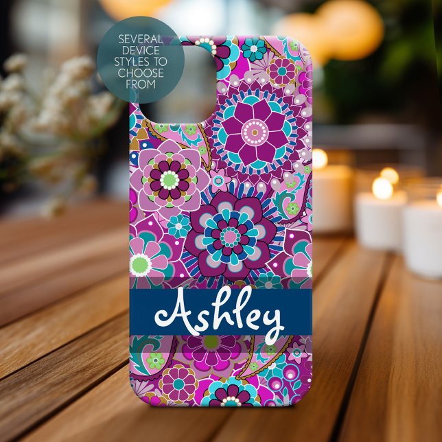 Muster für Retro Floral mit Name iPhone 15 Hülle (Personalized Phone Case)