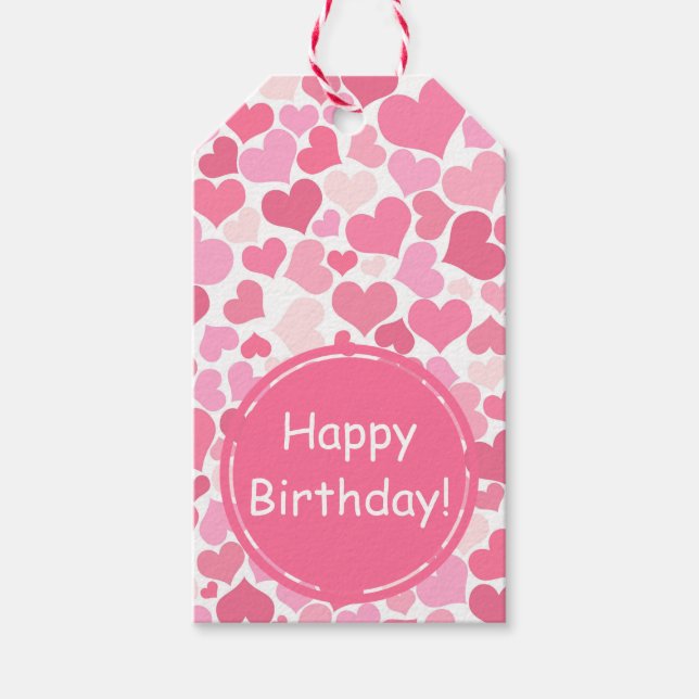 Muster für rosa Herzen | Happy Birthday Geschenkanhänger (Vorderseite)