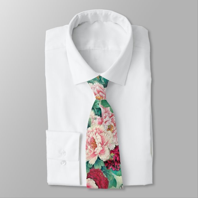 Muster für Rosa Peonies und grüne Blätter Krawatte (Gebunden)