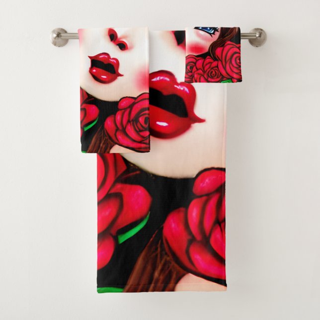 Muster für rote Lippen und Rote Rosen Badhandtuch Set (Insitu)
