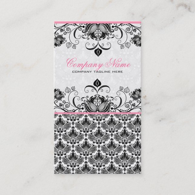 Muster für schwarz-rosa-weiße Retro-Floral-Damasku Visitenkarte (Vorderseite)