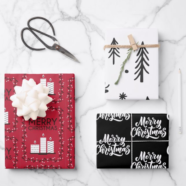 Muster für Schwarz-weiße rote Kerzen Geschenkpapier Set (Vorderseite)