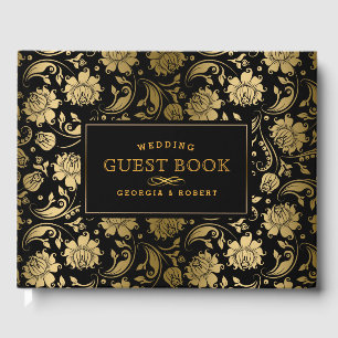 Muster für schwarze und goldene florale Damaskus Gästebuch