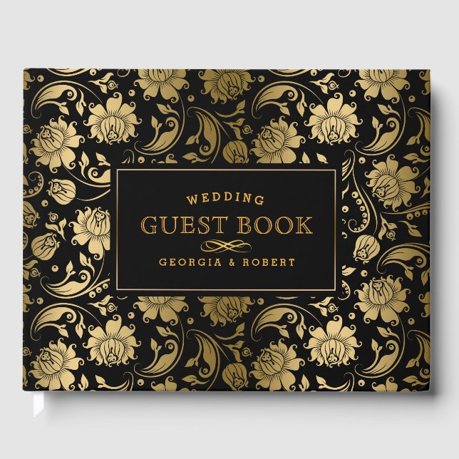 Muster für schwarze und goldene florale Damaskus Gästebuch (Vorderseite)