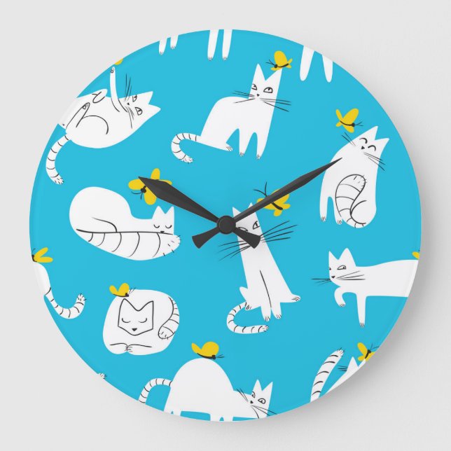 Muster für spielerische Katzen und Schmetterlinge Große Wanduhr (Vorderseite)