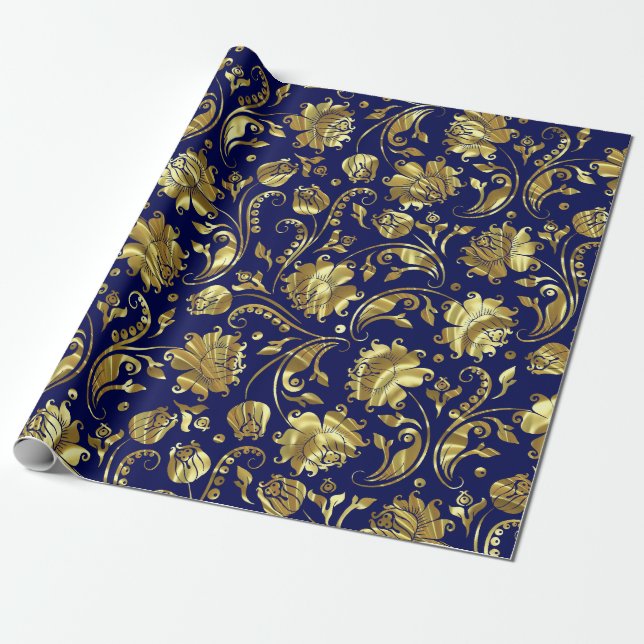 Muster für tiefe Lila und goldene Flora-Damaskus Geschenkpapier (Ungerollt)
