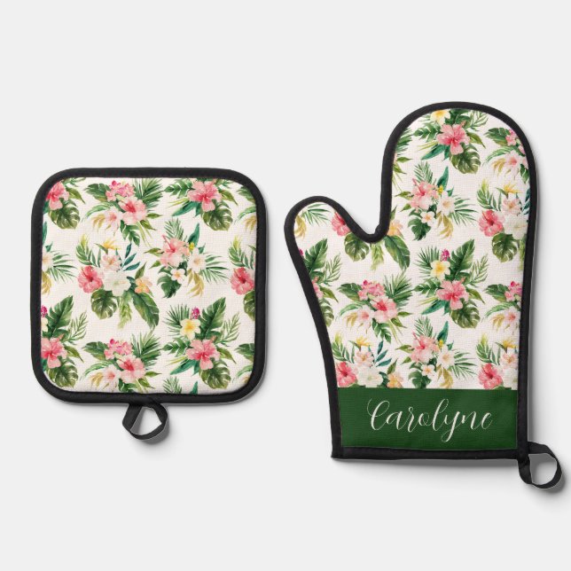 Muster für tropische Blume Personalisiert Ofenhandschuh & Topflappen-Set (Vorderseite)