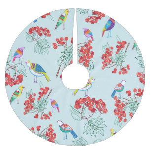 Muster für Vögel und Beeren. Polyester Weihnachtsbaumdecke