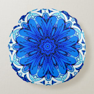 Muster geometrischer Blume in Cobalt Blue und Navy Rundes Kissen