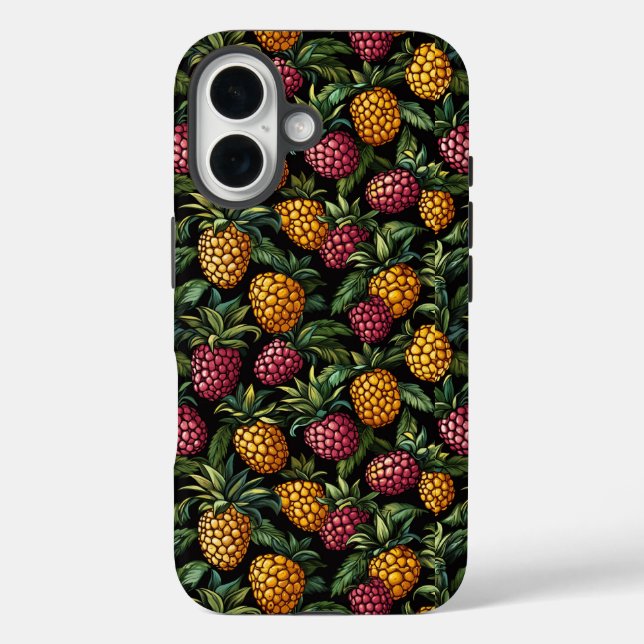 Muster Gold und Rote Berries iPhone 16 Hülle (Rückseite)