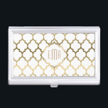 Muster Gold und Weiß mit moderner Geometrie Visitenkarten Etui<br><div class="desc">Elegantes,  modernes,  geometrisches Quatrefolienmuster in Gold und Weiß,  das auf dem individuell anpassbaren weißen Hintergrund nahtlos verläuft.</div>